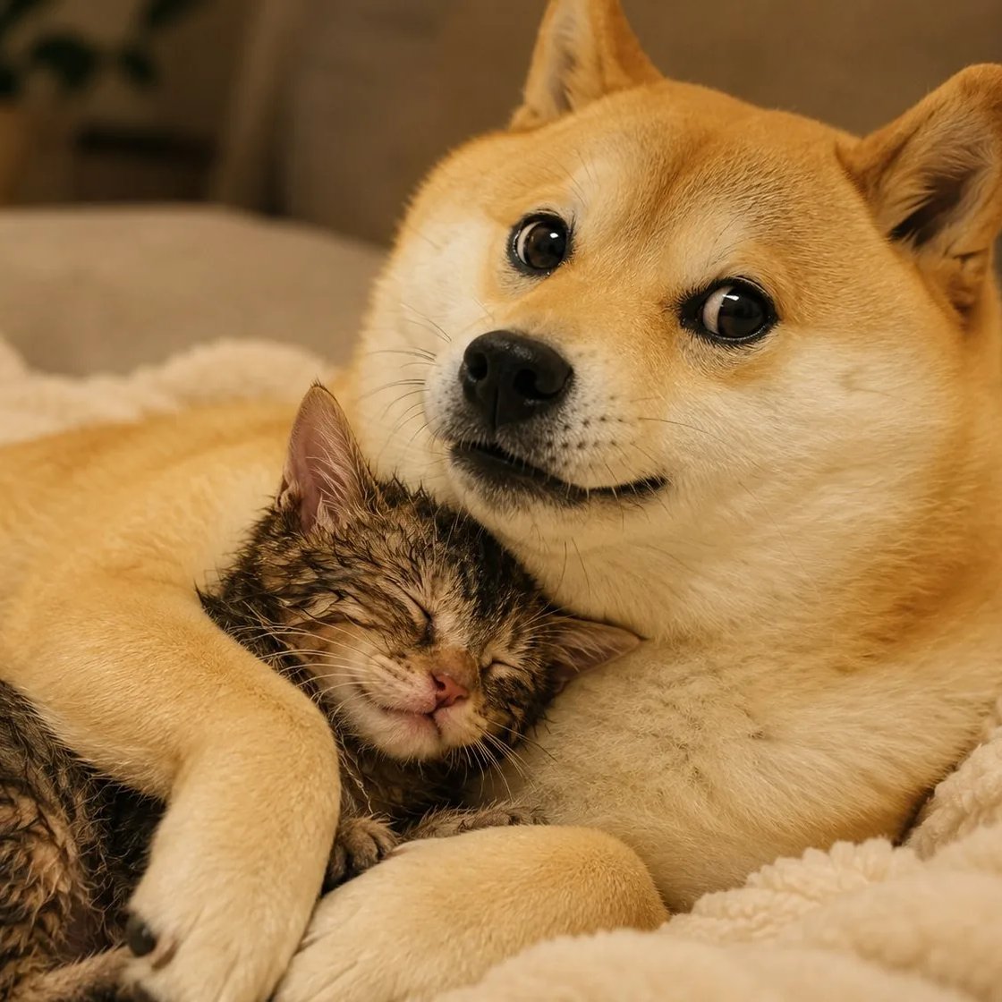 A shiba inu curled up on a blanket with a sleeping tabby kitten tucked under its chin