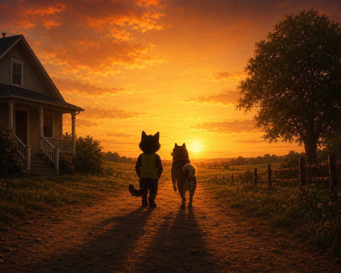 A cat and a shiba inu walking a dirt road into the sunset, past a farmhouse